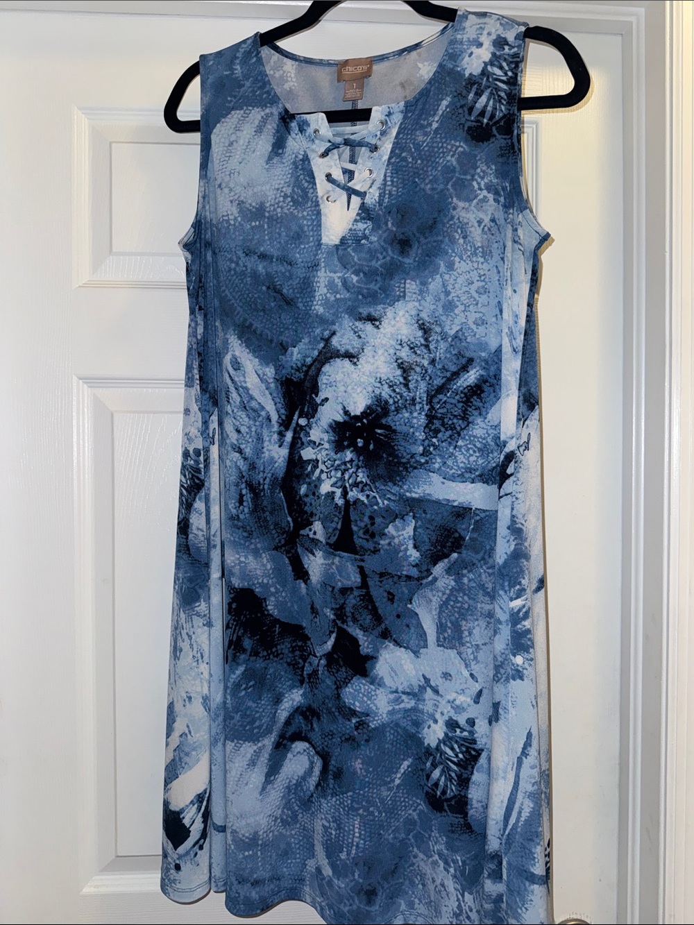 Chico's Blue and White Sleeveless Midi Dress with Lace-Up V-Neck